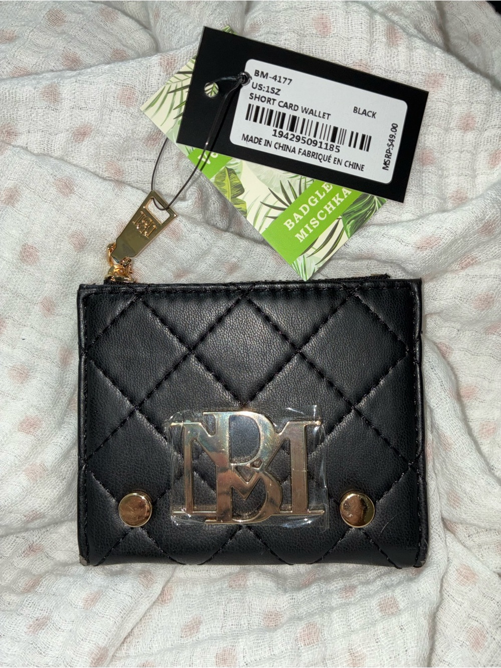 Badgley Mischka Black Quilted Logo Snap Card Wallet with Gold Hardware
